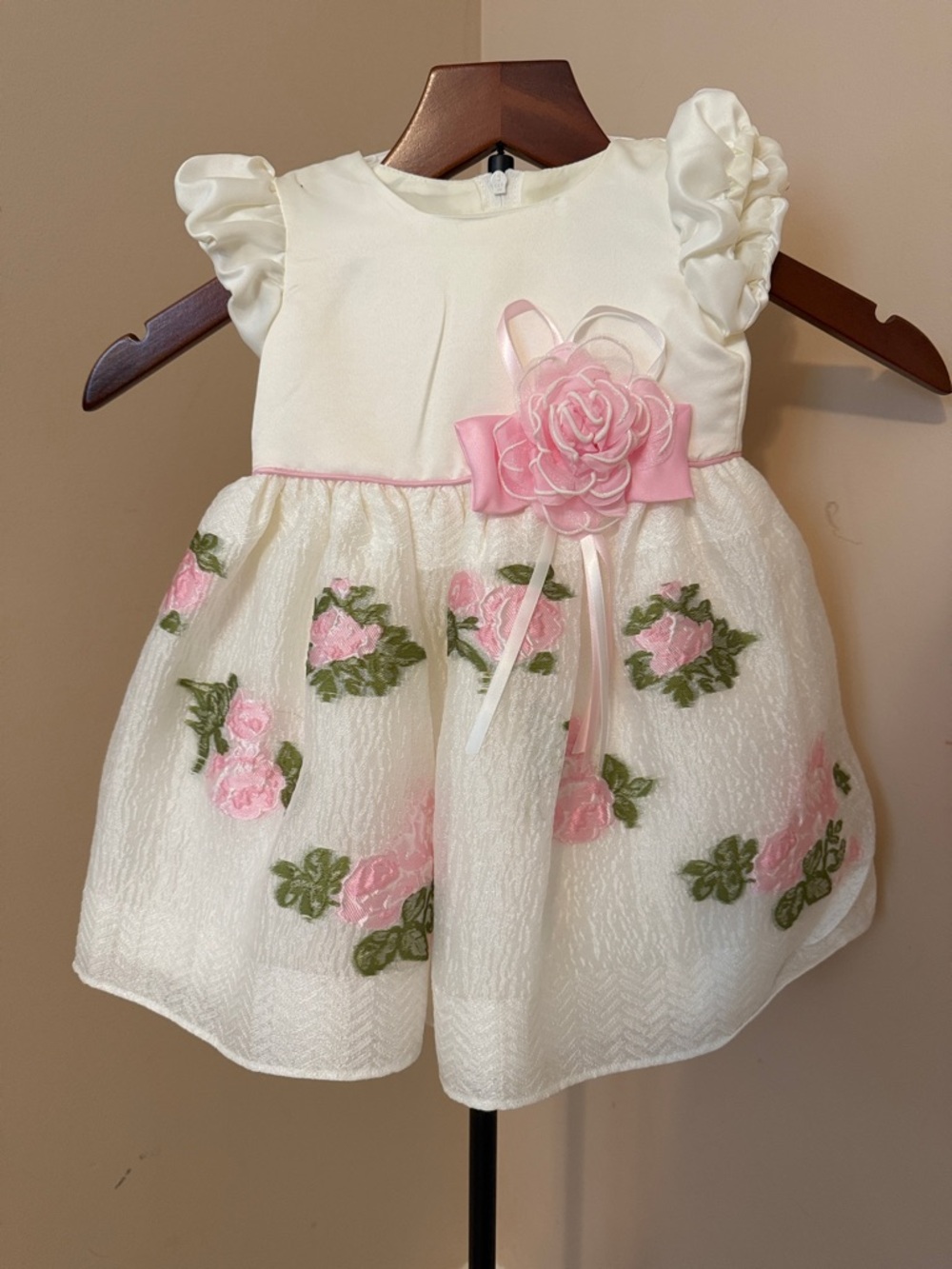 Rare Editions Ivory Dress with Pink Floral Appliqués